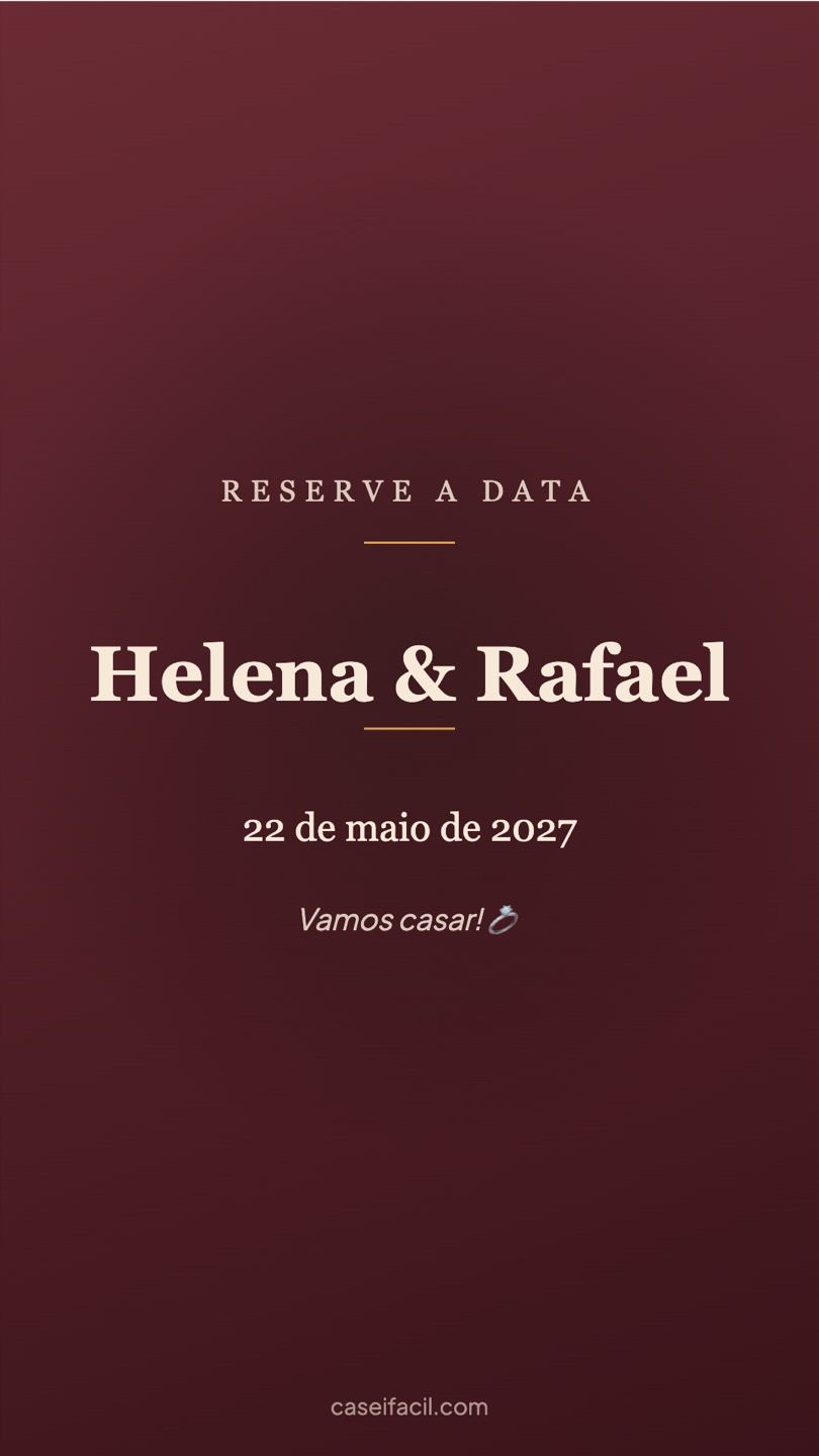 Convite digital 'Reserve a data' de Helena & Rafael em tom bordô