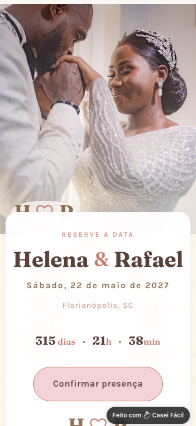 Site do casal gerado pelo Casei Fácil no celular