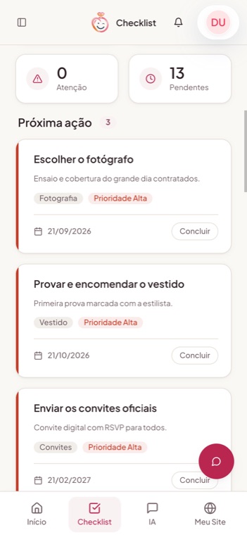Tela de checklist do Casei Fácil no celular