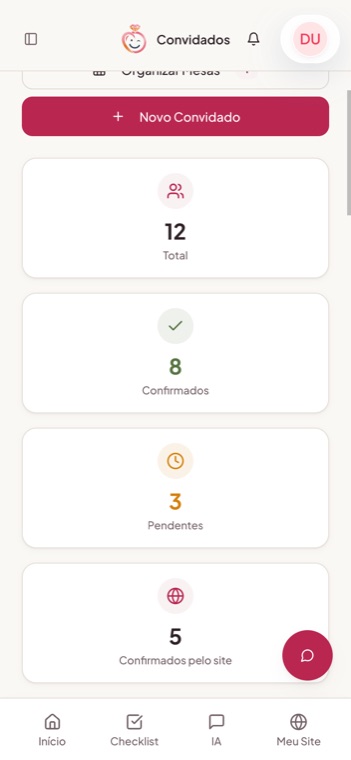 Tela de convidados do Casei Fácil no celular