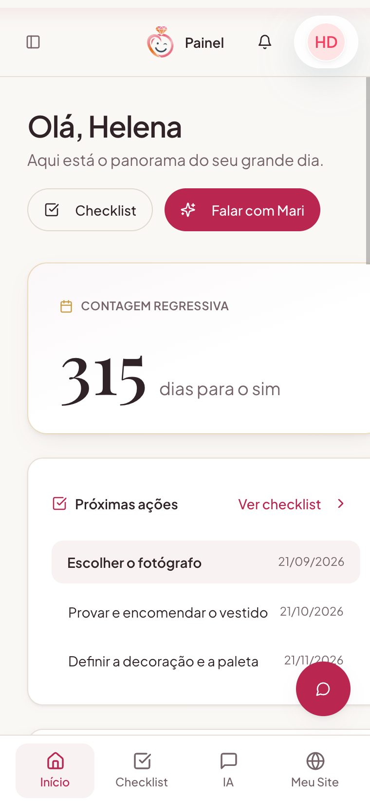 Painel do Casei Fácil com contagem regressiva, próximas tarefas, orçamento e convidados