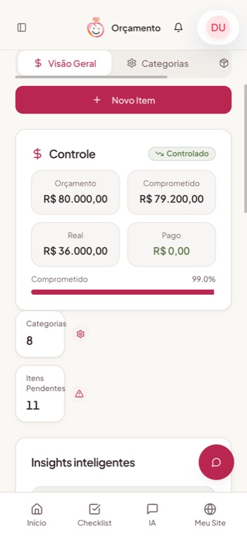 Tela de orçamento do Casei Fácil no celular
